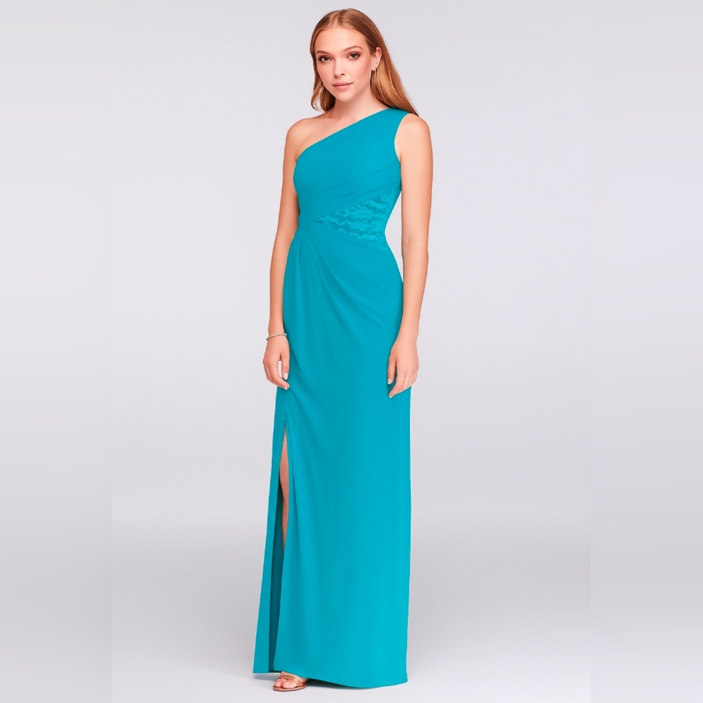 David’s Bridal One-Shoulder Mesh Dress With Lace Inset Bridesmaid dress.